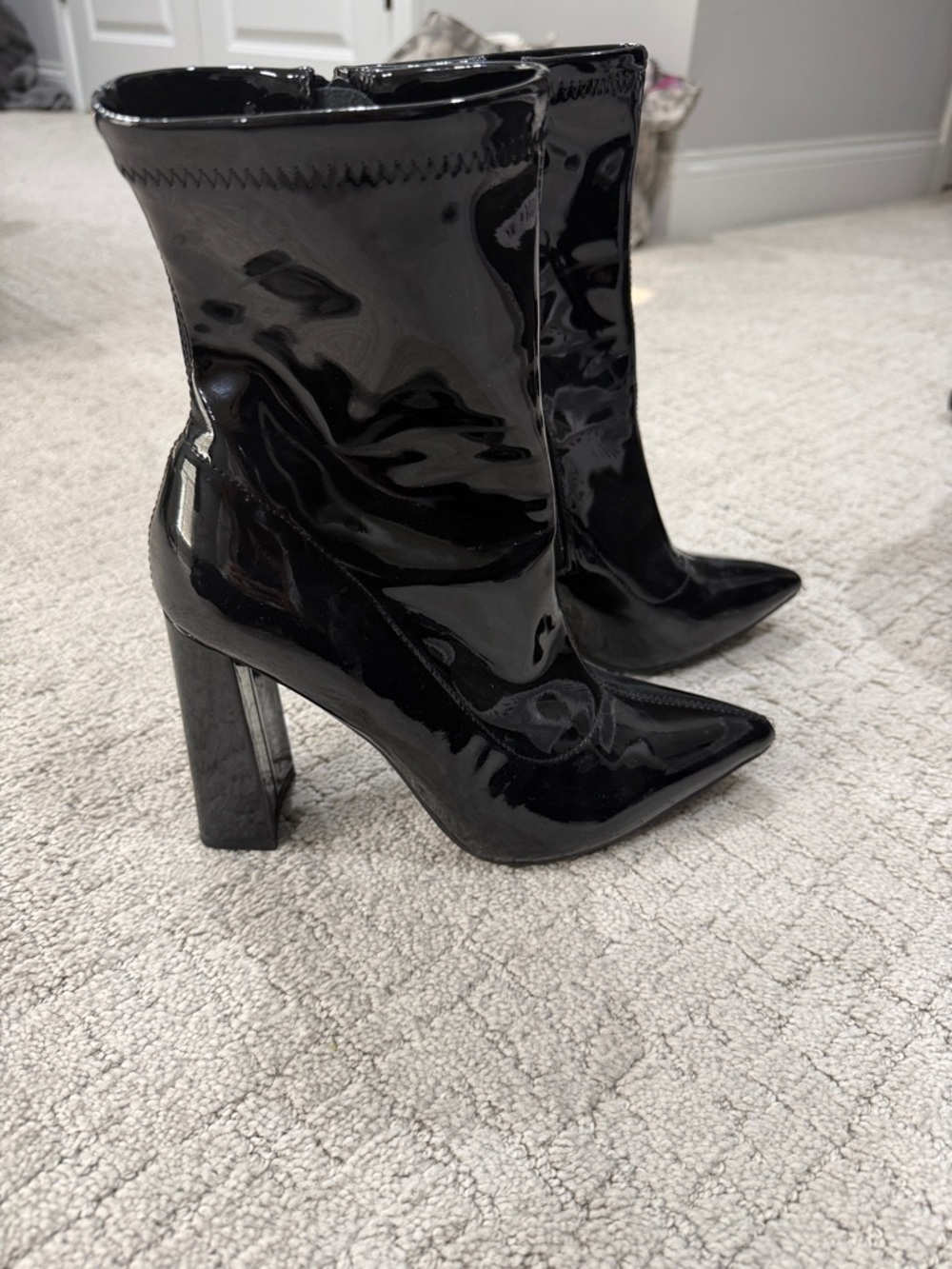 Women’s Black Patent Pointed-Toe Block Heel Boots